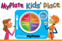 My Plate Kids' Place: cartoon image of two children looking at a plate- link to the United States Department of Agriculture's website: www.choosemyplate.gov